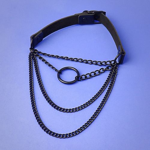 F Gargantilla Cadenas Negras Y Cuero Sintetico Gotico Punk