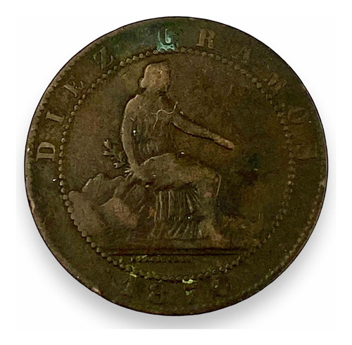 Moneda Antigua De Cobre De España De 10 Céntimos Año 1870 (Usado)