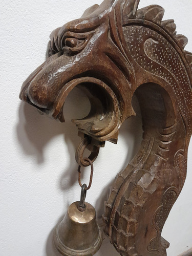 Antigüedad Talla Madera Pared Dragon Marino Campana Estancia (Usado)