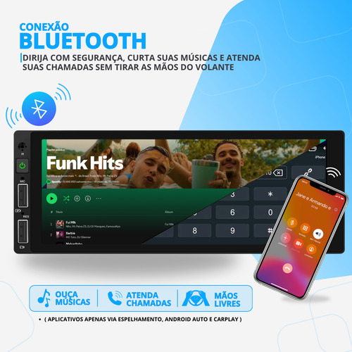 Central Multimidia 1 Din Carplay Usb Android Bluetooth Ios