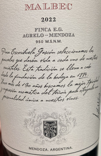 Vino Tinto Escorihuela Gascon 100% Malbec 750ml Botella