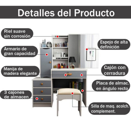 Tocador Multifuncional Con Espejo Led Cómoda Y 4 Cajones Blanco-gris