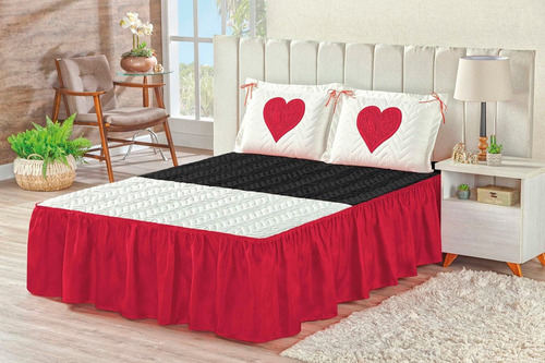 Colcha Heart Casal Padrão C/ 3 Peças Cor Vermelho Com Preto