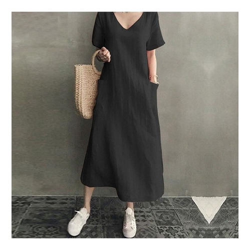 Vestido Suelto De Lino Y Algodón Con Cuello En V Para Mujer