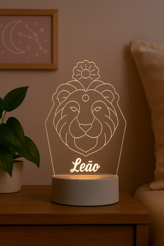 Luminária Led 3d Signo Leão - Abajur De Mesa