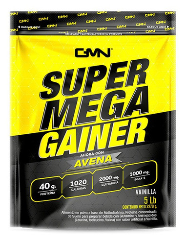 Suplemento de proteína em pó GMN Super Mega Gainer com sabor de baunilha em um sachê de 2,27 kg