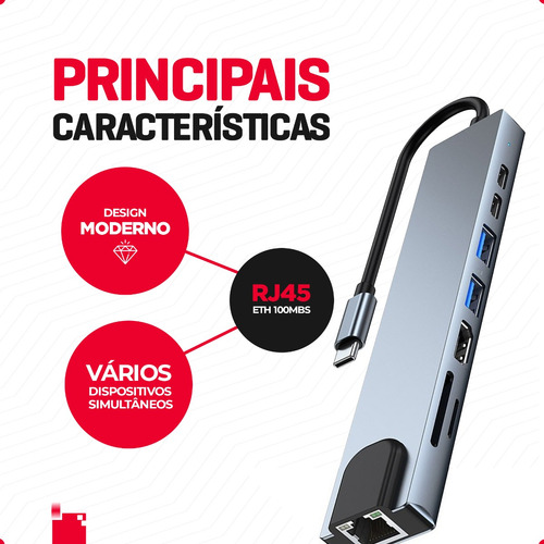 Adaptador Hub Macbook Air M1 M2 E Pro 8 Em 1 Usb-c Hdmi 4k