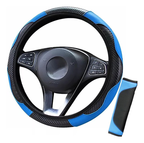 Kit Funda Cubre Volante Accesorio Auto Cuero Carbono Azul