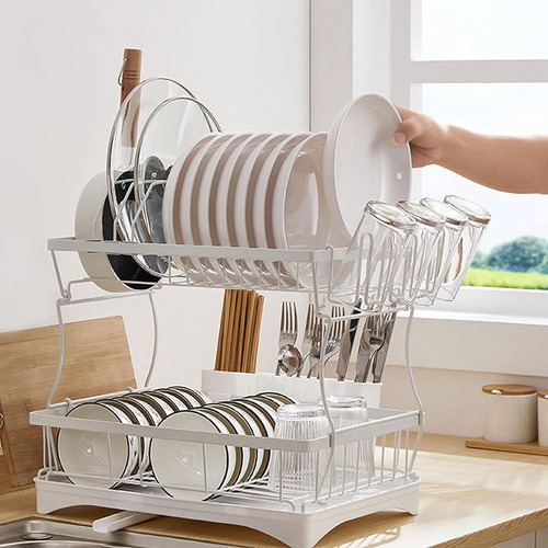 Escurridor De Platos Acero Inoxidable Ajustable Drenaje 360° Blanco