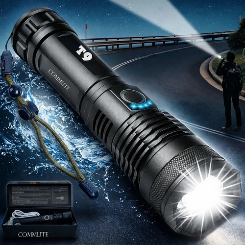 Lanterna Tática Militar T9 Mais Forte Do Mundo Profissional Lanterna Potente Led Mais Forte Do Mundo Acampamento Viajens Caça Camping - Commlite Branco Preto
