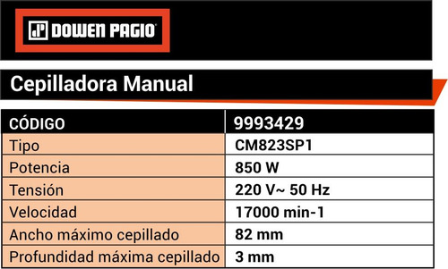 Cepilladora Manual 82 X 3 Mm 850 W Naranja Dowen Pagio 99934