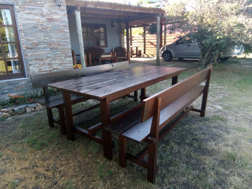 Mesa Y 2 Bancos Rústicos Para Exterior, Barbacoa.