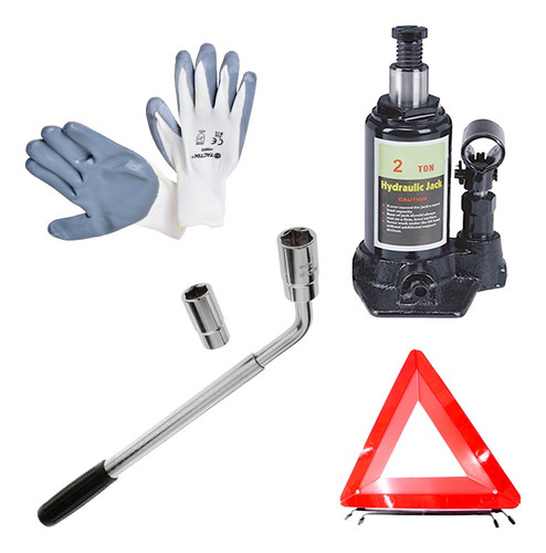 Kit Auto | Llave Rueda + Gato Botella 2t. + Baliza + Guantes