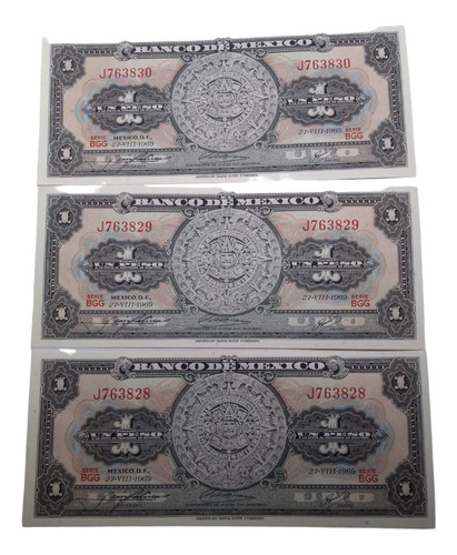 3  Billetes Coleccion $1 Peso Calendario Azteca 1970  Nuevos
