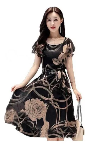 . Vestido Elegante Estampado De Gasa Sin Mangas Con Volantes