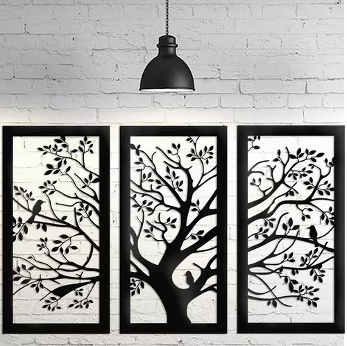 Cuadro Pajaros Con Arbol Triptico Calado Negro 140x80cm