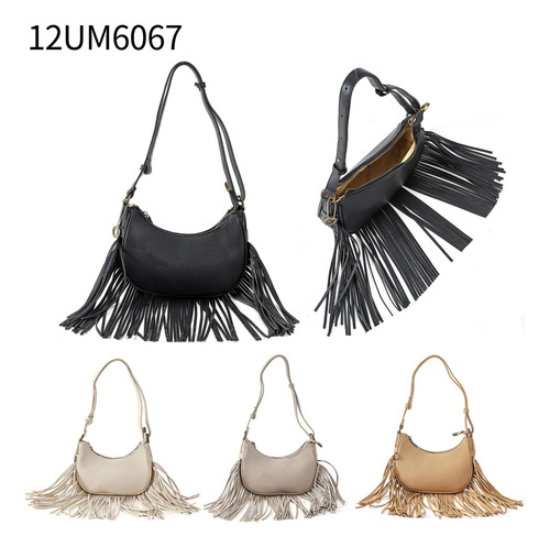 Cartera Bandolera Con Flecos La Chapelle En Pu Crema Lisa Oro Crema