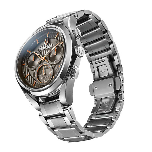 Relógio Bulova Masculino Curv Precisionist Cronógrafo 96a298 Correia Prateado Fundo Cinza