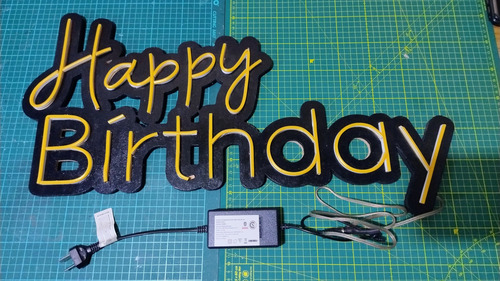 Cartel Neón Led, Happy Birthday Amarillo, 66cm, Con Fuente Amarillo