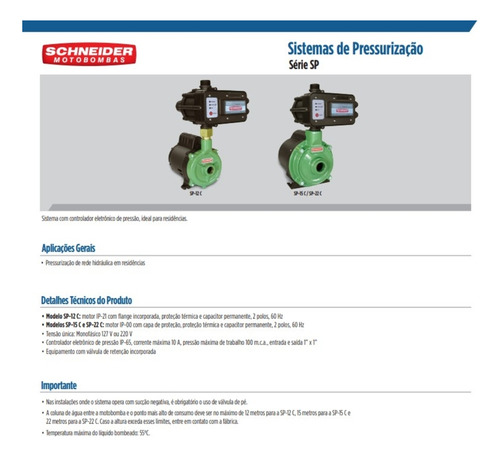 Pressurizador Schneider Sp-15c 3/4cv Monofásico 127v