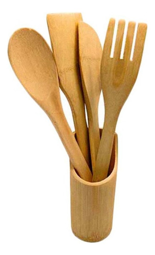 5 Piezas De Utensilios Cocina De Bambú 100% Ecológico Color Natural