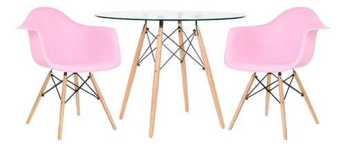 Mesa Eames Com Tampo Vidro 100 Cm + 2 Cadeiras Eiffel Daw Cor Rosa-claro