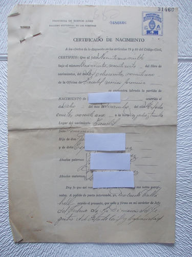 6862- Certificado Nacimiento Tandil, Bs. As. Año 1954