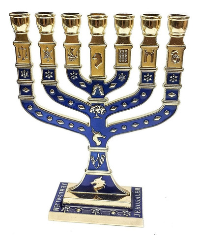 Menorah De Oro 7 Velas 12 Tribus De Israel Azul 4.7