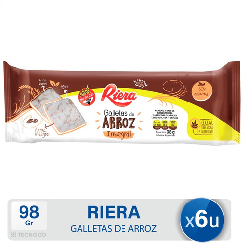 Galletitas De Arroz Riera Integrales Sin Tacc - Pack X6 Unid