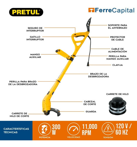 Desbrozadora Eléctrica 300 W + 3 Carretes De Hilo, Pretul