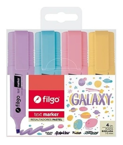 Resaltador Filgo Text Marker Galaxy Pastel X4 Colores Chato 