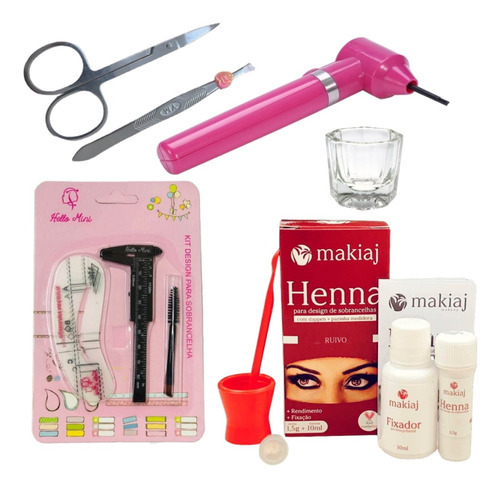 Kit Henna Makiaj Sobrancelha Profissional Mixer Pinça Dappen Cor Ruivo