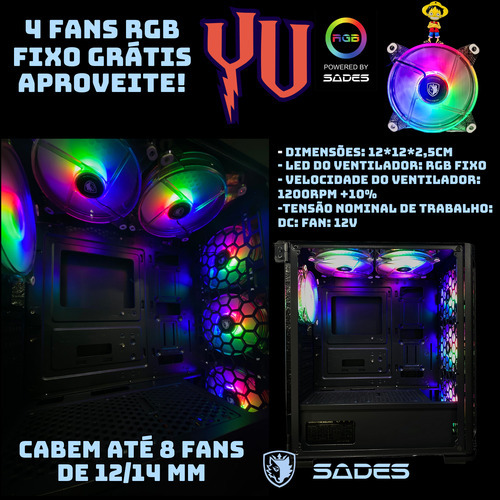 Gabinete de PC para juegos Sades Yu Rgb de vidrio templado, 4 ventiladores incluidos, puerta de vidrio templado Atx Rgb negra, alta compatibilidad, disipación de calor
