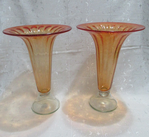 Par Floreros Cristal Veneciano Naranja Soplado Artesanales (Usado)