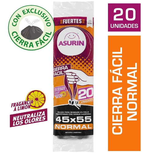 Imagen 1 de 4 de Bolsas Residuo Asurin Rollo 45x55 Limon Negra 20 Unid