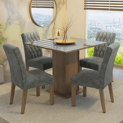 Sala Jantar Mesa Tampo Vidro 4 Cadeiras Anaju Madesa Rcs Cor Rustic/cinza/silver Desenho Do Tecido Das Cadeiras  Liso Mdja040138f9sil