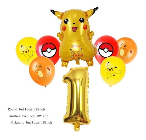 Imagen 1 de 1 de Pack 8 Globos Metalizados Y Latex Pokemon Pikachu  + Número
