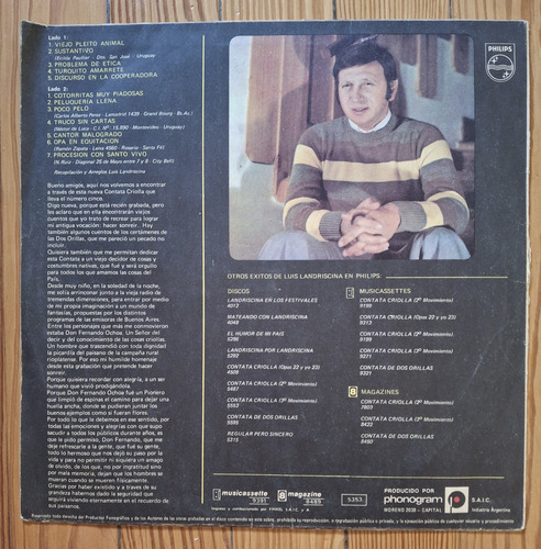 Luis Landriscina - Contata Criolla Lp 1976 Philips Estándar (Usado)