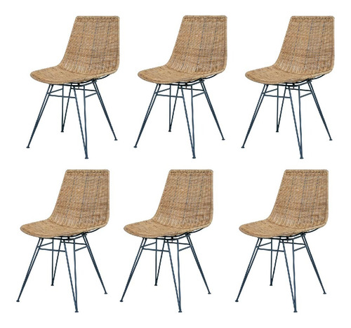 Set X 6 Sillas Estilo Eames De Rattan Natural & Hierro