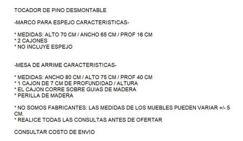 Imagen 6 de 9 de Tocador Maquillador Dressuar Desmontable De Pino Macizo