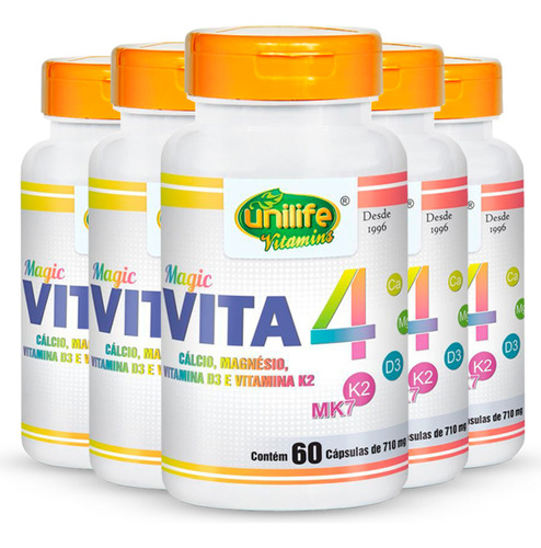 Kit 5 Vita 4 Cálcio Magnésio Vitamina D E K2 Unilife 60 Cáps