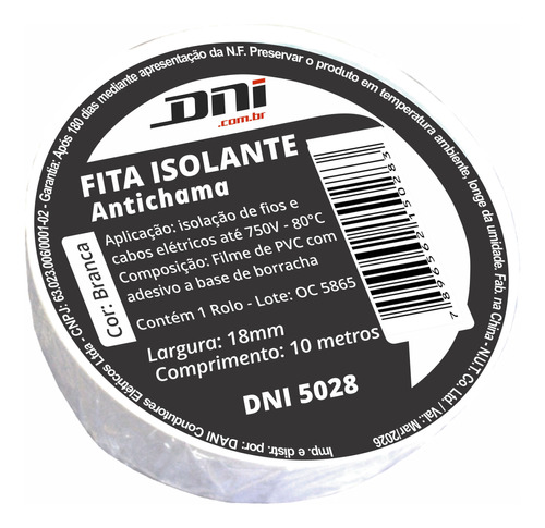 Fita Isolante Em Pvc 10m Branca - Dni 5028