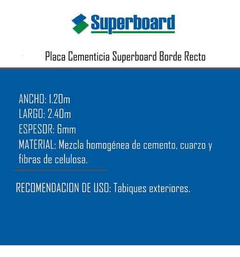 Placa Cementicia Exterior Superboard 6 Mm 1,20 X 2,40