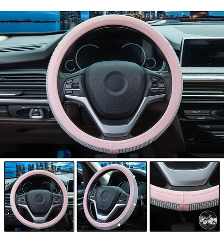 Set Funda Cubre Asiento Auto Rosa + Cubre Volante Rosa Piedr