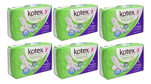6 Toallas Femeninas Kotex Naturals Nocturna Con Alas 10 Pzas
