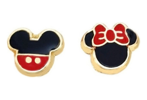 Arete Broquel De Mickey Y Minnie Esmaltado Oro 10 Kilates