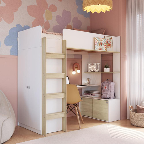 Cama Infantil Alta Multifuncional Office Com Colchão Cor Branco