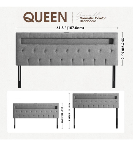 Cabecero Para Cama Queen Con Luz Led Y Usb Ajustable