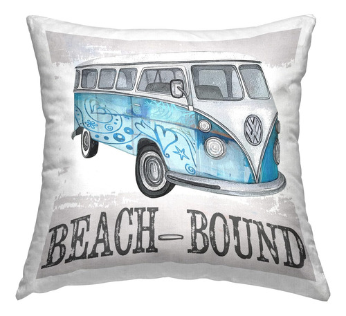 Almohada Retro Bus Vacaciones Playa 45 X 45 Cm Azul