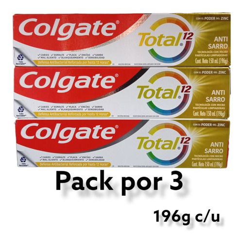 Pack X 3 Pasta Dental Colgate Total 12 Anti-sarro 196g